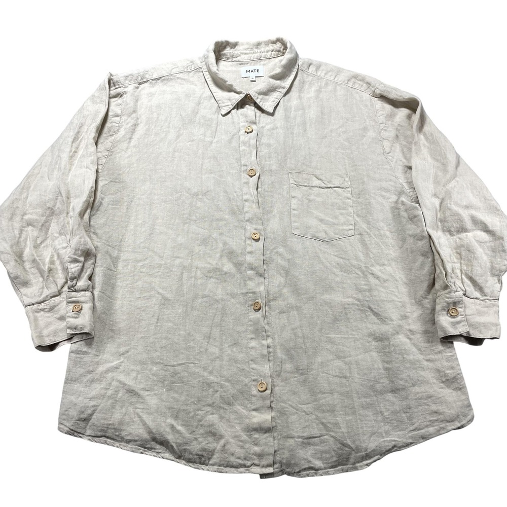 MATE The Label Organic Linen Shirt Women XL Beige Button Front Collared Oversize
